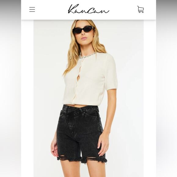 KanCan Arabella Ultra High Rise Bermuda Shorts Black Distressed Denim, Small - Picture 6 of 8